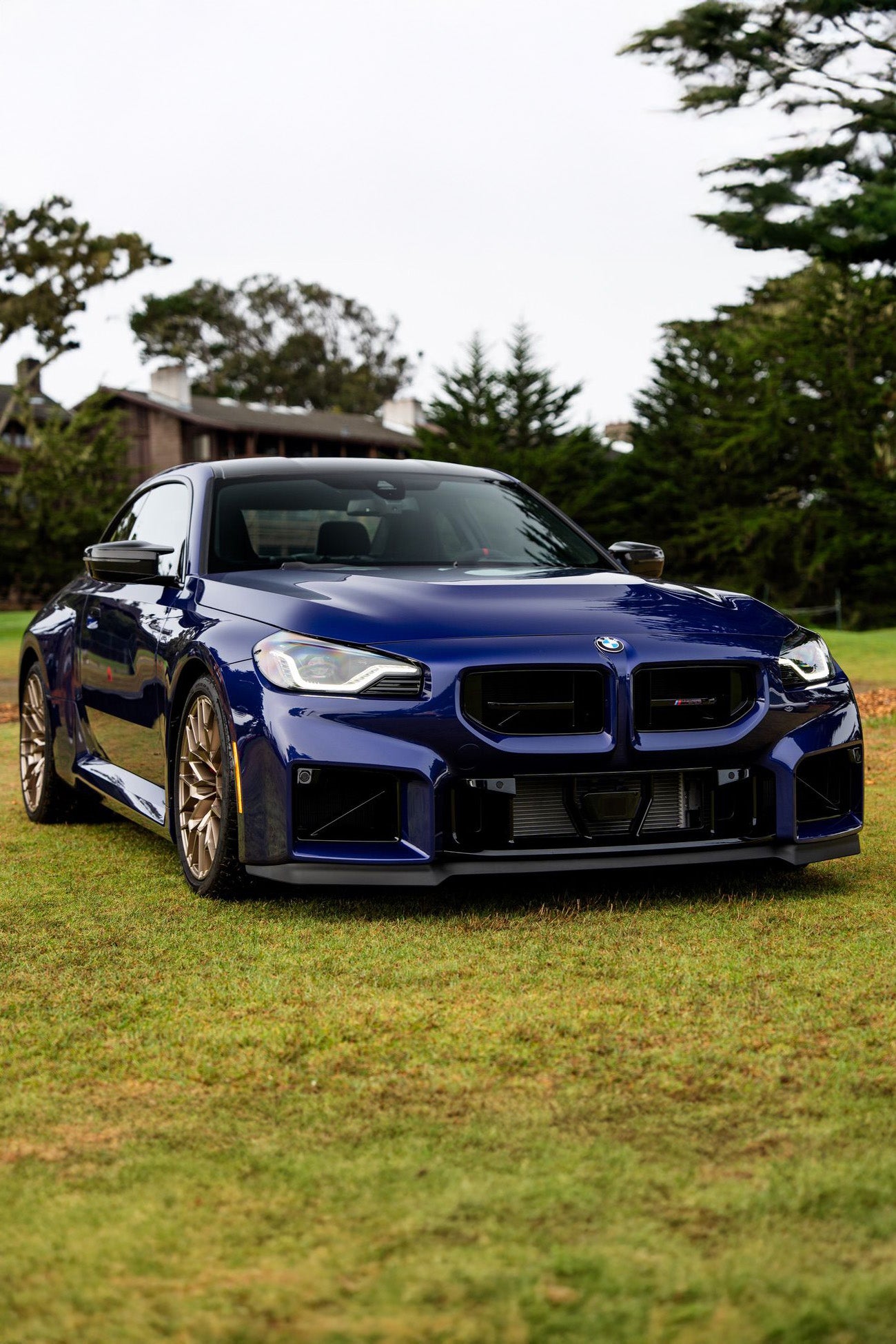 Blue BMW M2 with CS body styling on a grassy field with trees in the background
