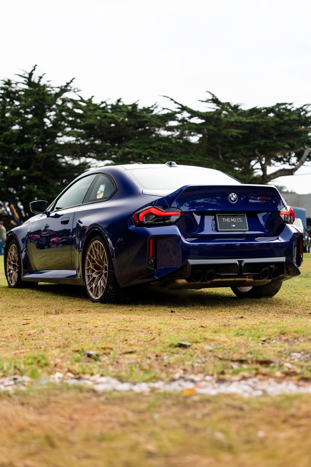 Blue BMW M2 with CS body styling parked on grass with trees in the background.