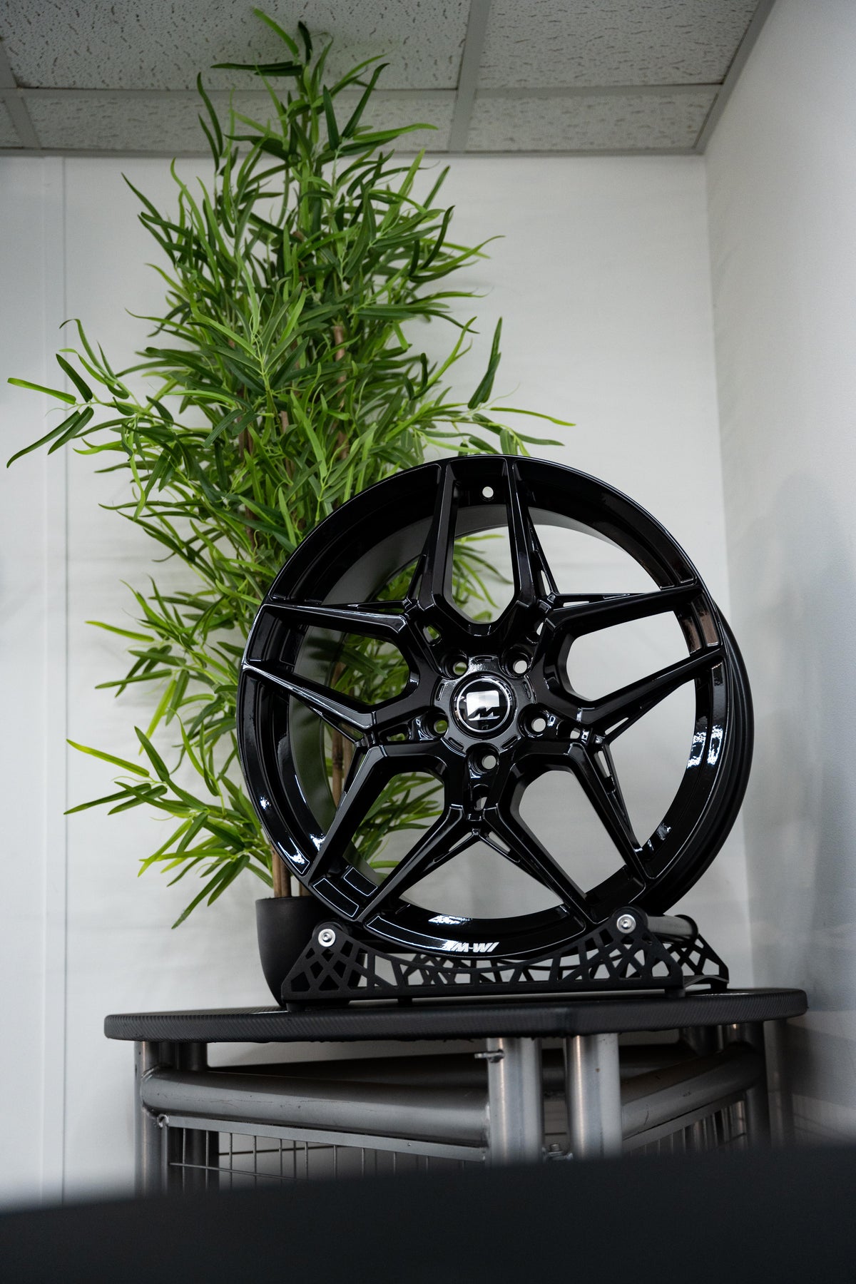 A single Precision Black M-W1 Wheel displayed on a stand with a green plant in the background.