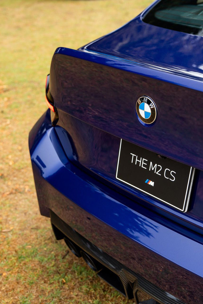 Blue BMW M2 CS car with visible license plate on a grassy background