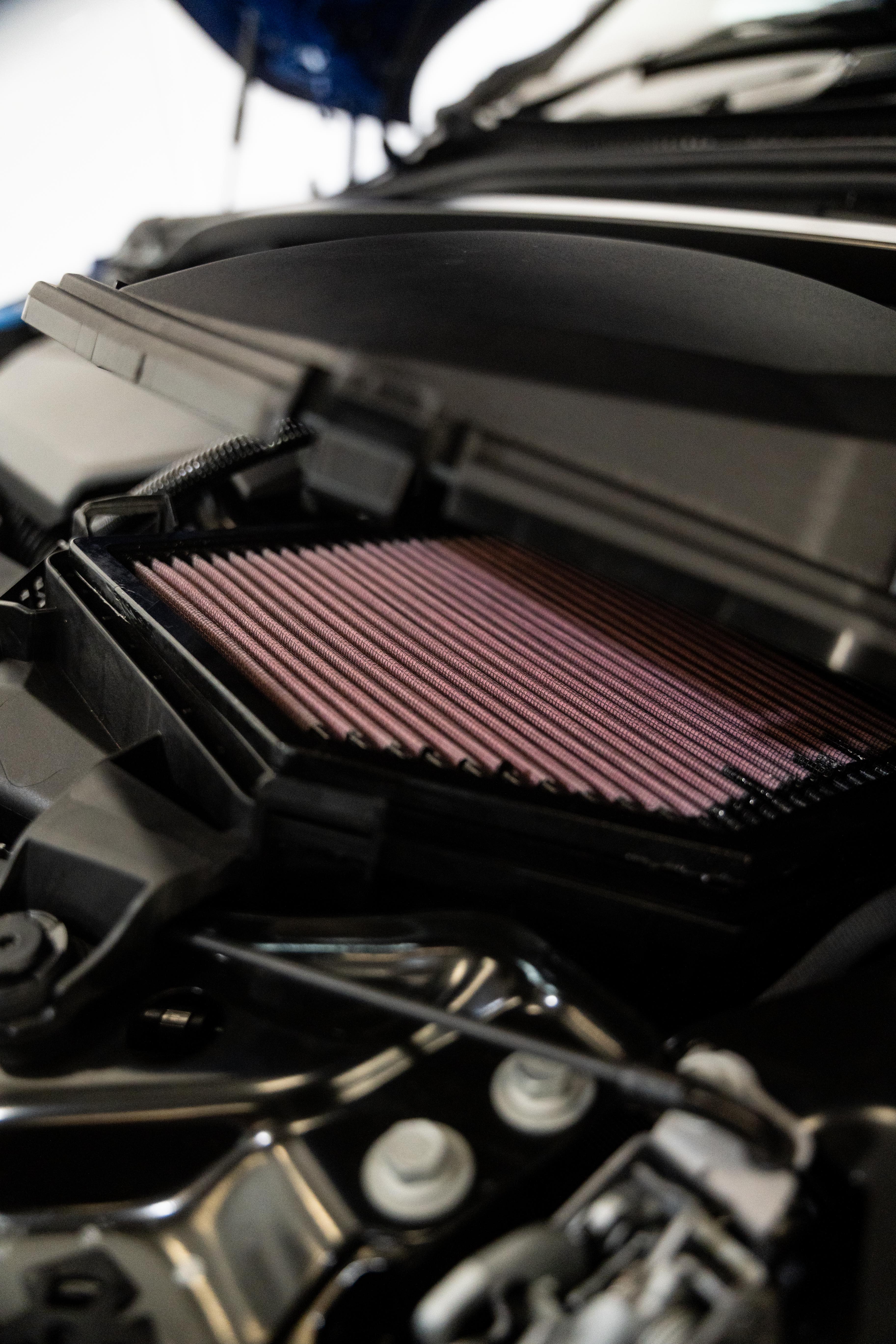 K&N air filter in an engine bay.